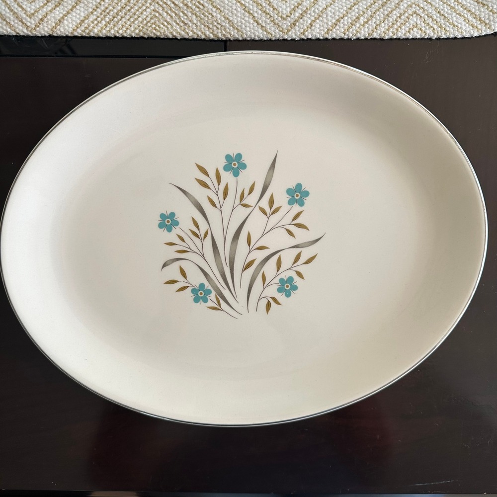 Vintage Canonsburg Pottery Allegheny Ware Oval Platter Floral Turquoise Silver